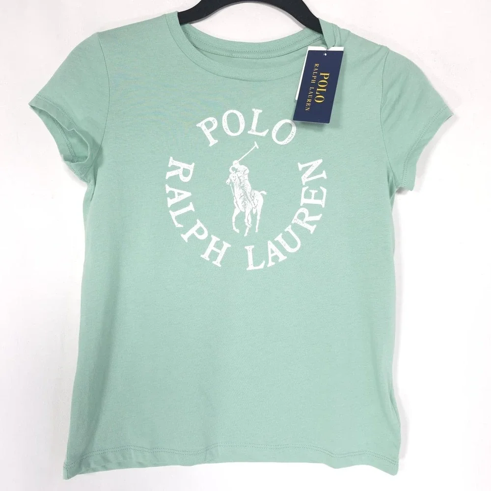 POLO RALPH LAUREN Kids Girls New T-Shirt MEDIUM 8-10 Green Logo Graphic Cotton